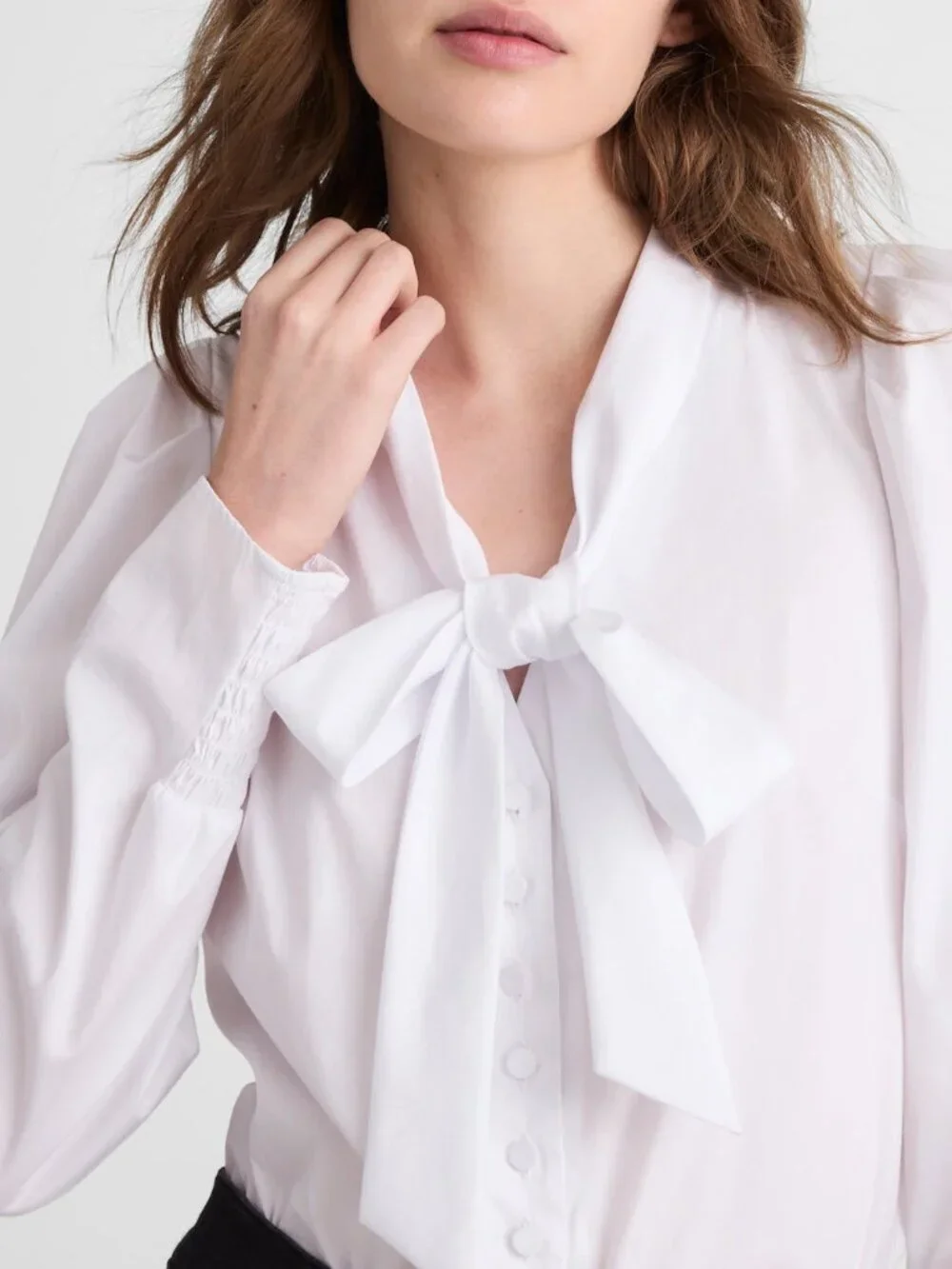 Madewell V-Neck Button Front Puff Sleeve Removeable Necktie Top White Size M NWT